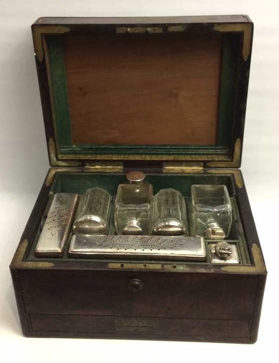Bramahs Victorian Calamander Toilet Box: With silver tops, 11 piece in total, 12 inches by 9 inches by 6.75 inches, box outside is in fair condition, in side of box in fair condition as well, see photo