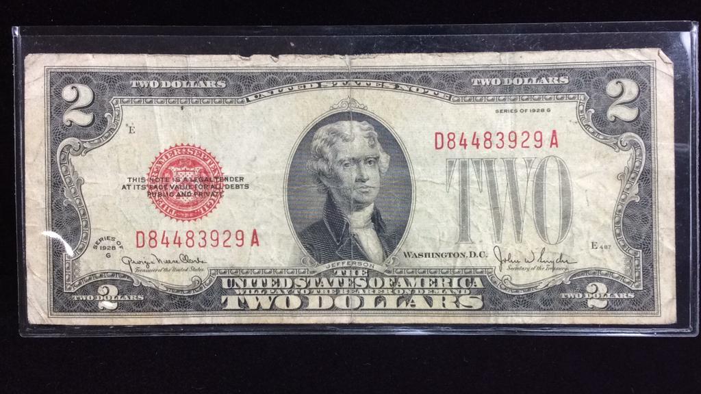 1928-G Red Seal Two Dollar Bill: $2 bill, S/N: D84483929A, use photo for grading