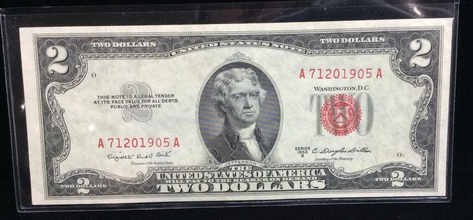 1953-B Red Seal Two Dollar Paper Note: $2 bill, S/N: A71201905A, use photo for grading