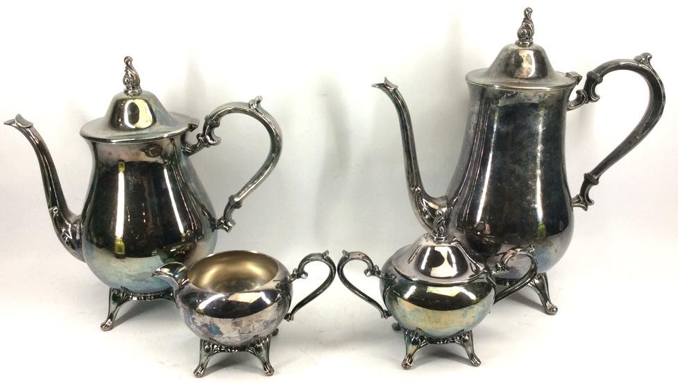 Silver Plate Tea Set by Wm Rogers: 4 pieces in total, 10.75 inches tallest pieces, coffee, teapot, creamer, sugar, see photo