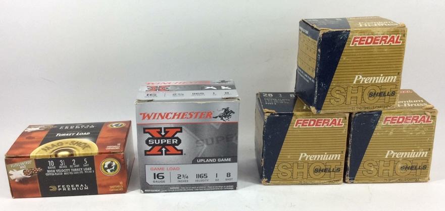Lot of Shotgun Ammunition: 10- Federal Turkey Load 10ga 5 shot, 25- Winchester super x upland game load 16ga 8 shot, 50- Federal Premium Shot Shells 28ga 8 shot, see photo