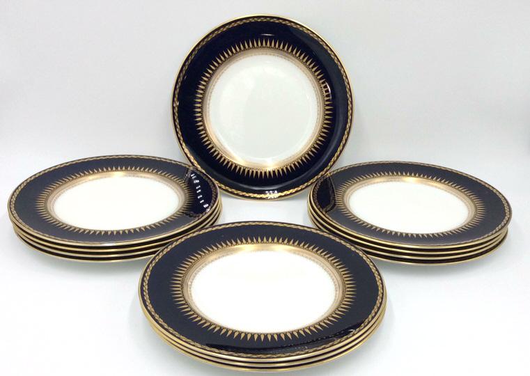 Royal Worcester Luncheon Plates: Set of 12, made in England, 9.25 inches, deep blue trimmed in gold, see photo