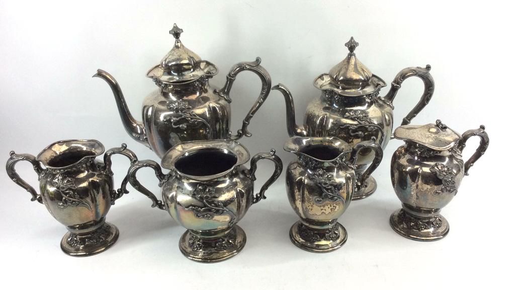 SIlver Plate Tea Set by Victors Silver Co.: Quadruple Plate #2676, Teapot, coffee pot, waste bowl, creamer, sugar, hinged pitcher, tallest piece 10.5 inches tall, 6 pieces, see photo
