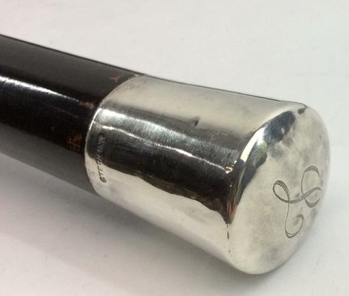 Walking Cane with Sterling & Tortoise Shell Ends: Sterling Top Monogrammed, Black Body, Tortoise Shell Tip, circa early 1900â€™s, 36 inches long, as is tip see photo