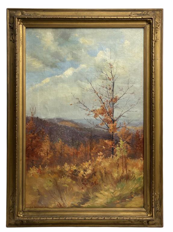 Oil on Canvas John Thomson Willing (1860-?): Well done mountain tree landscape, signed lower left J. T. Willing 1917, John Thompson Willing, unframed 16 x 24, framed 20.5 x 28.5 inches