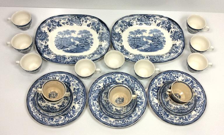 35 pc Royal Staffordshire Dinnerware Flow Blue Set: Clarice Geoff, Tonquin pattern, 2 Serving Platters, 7 dinner plates, 6 dessert plates, 7 saucers, 5 tea cups, 8 coffee cups, waste jar, approximately 35 pieces, see photo