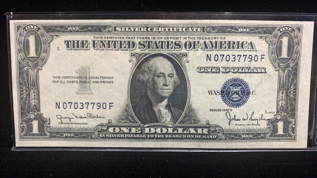 1935-D One Dollar Silver Certificate Bill: $1 bill, S/N: N07037790F, use photo for grading