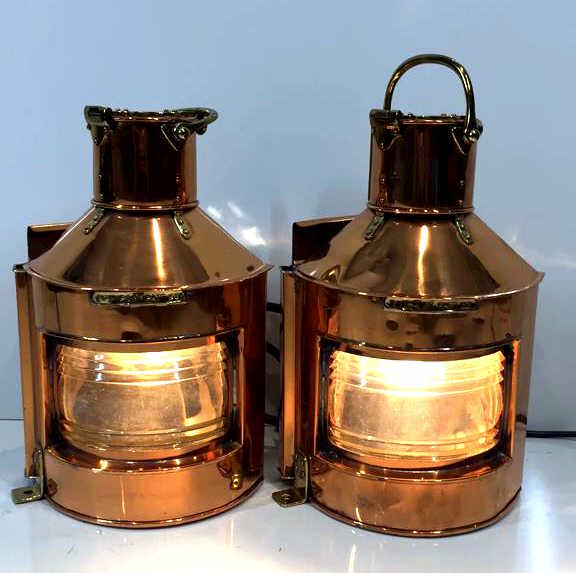 Lg Vintage Pair of Brass and Copper Ship Lanterns: Electrified, plates marked Bow Port Patt 23, 16 inches tall by 9 inches, has makers Stamp but is unable to make out, working at time of inspection, see photo