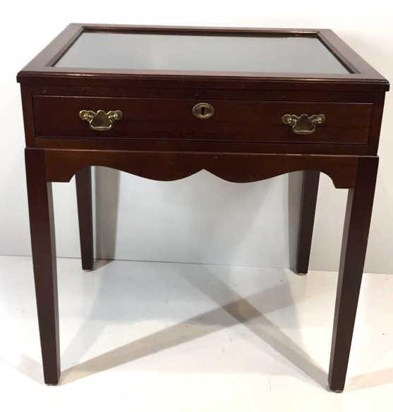 Glass Top Display Table With Drawer: 24.75 inches by 18.75 inches by 26.25 inches, see photo