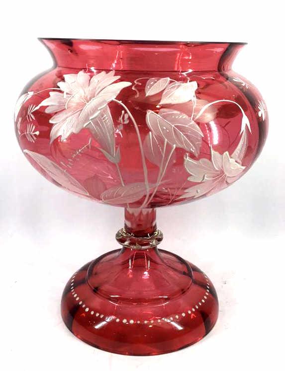 Cranberry Glass Footed Centerpiece: Floral motif, 9.75 inches by 9 inches, see photo