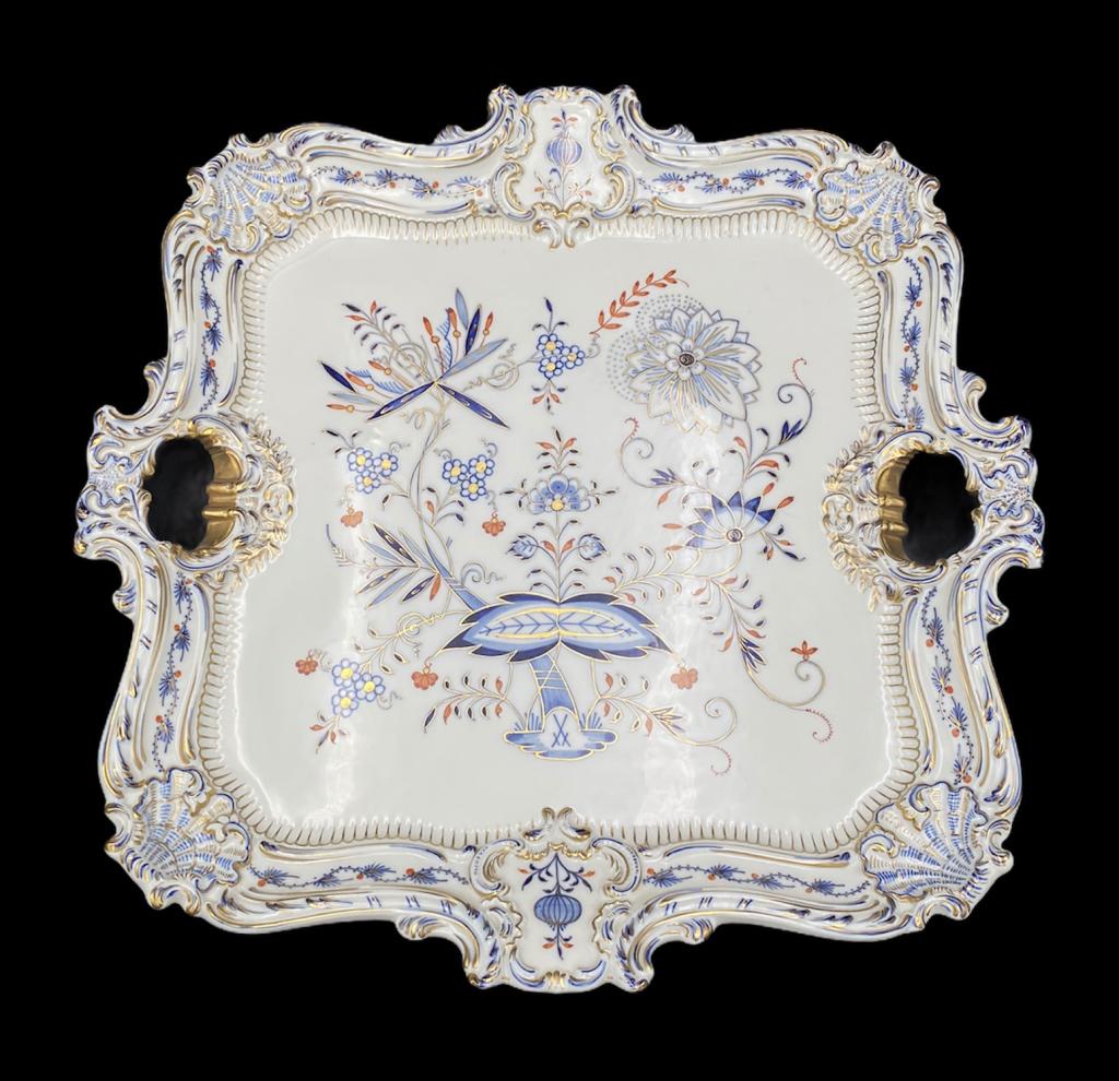 Meissen Porcelain Tray: Blue Onion, 16 inches by 16 inches, marked 297 and 26, with double handles
