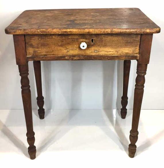Antique Primitive Style Side Table with Drawer: 26.25 inches by 17.75 inches by 29.25 inches, with glass knob, see photo