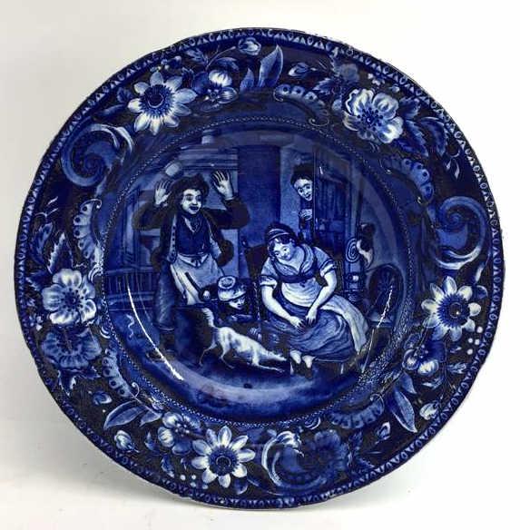 1820’s Flow Blue English Staffordshire Soup Bowl: C. Lewis From the Wilkie Series. "The Escape of the Mouse", 8.75 inches across, has hairline crack, see photo