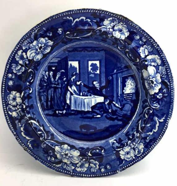 1821 Flow Blue English Staffordshire Doctor Syntax: Marked "C. Lewis Dr. Syntax mistakes a gentleman’s house for an Inn" on bottom, very dark in color, 9.75 inches across, see photo