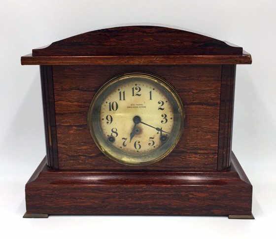 Seth Thomas Ding Dong Strike Mantle Clock: Made in USA, 14 inches by 11.25 inches by 6.75 inches, slight discoloring on face, has pendulum but no key, not running at time of inspection, see photo