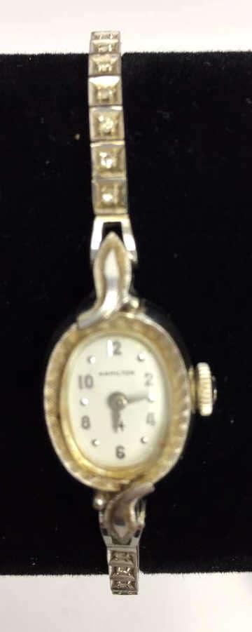 14k Gold w/ 34 Diamonds Hamilton Ladies Watch: With 34 diamonds on band, marked on back, 16 grams total weight, see photo