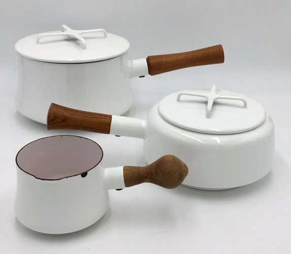 3 Dansk Kobenstyle Enameled Pots with Teak Handles: Lidded, 8.5 inches, 7 inches, and 4 inches across, marked on bottom, see photo