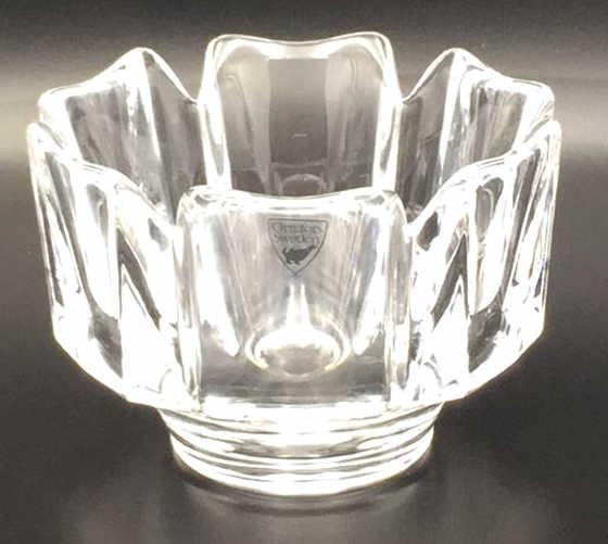 Vintage Orrefors Sweden Crystal Corona Bowl: Marked on bottom, 4.75 inches across, now chips or damage at time of inspection, see photo