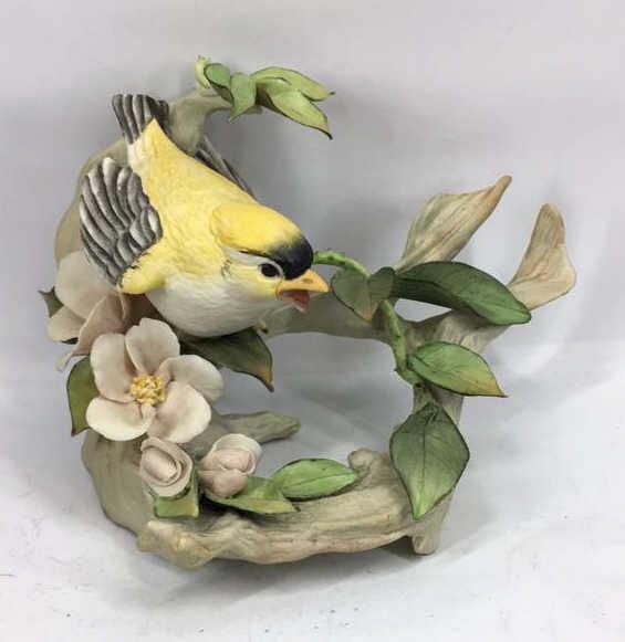 Cybis Yellow Bird on Branch and Floral: 6 inches by 5.5 inches by 4.25 inches, Signed, See photo