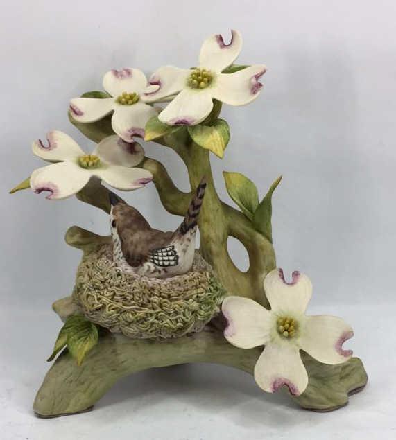 Cybis Small Bird in Nest Under Flowers: 6 inches by 6 inches by 3.5 inches, Signed, See photo