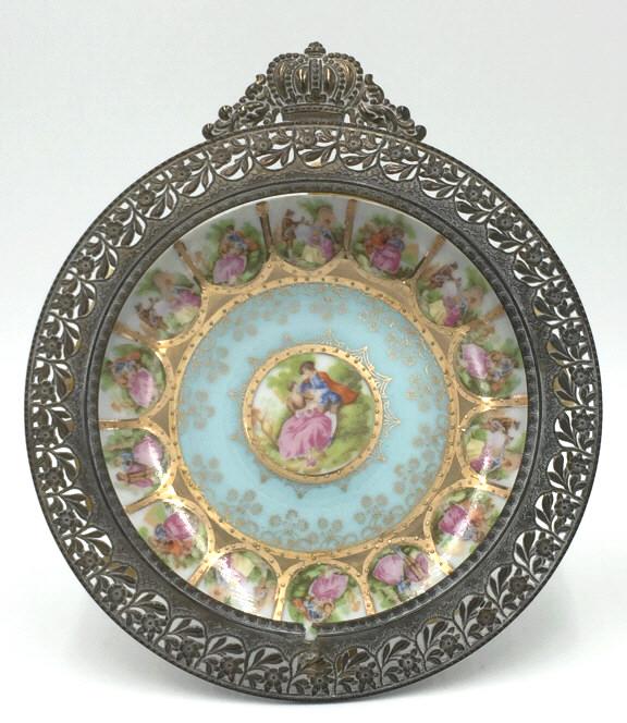 Meissen Porcelain plate with Frame: blue with Victorian era motif, silverplate frame, 9 inches tall frame, 6.25 inches plate, marked and numbered on back 7681, see photo