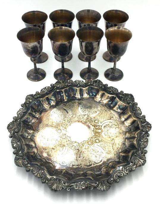 Silver Plate Tray with 8 Goblets: 5.5 inches tall goblets, 13 inches in diameter tray, see photo