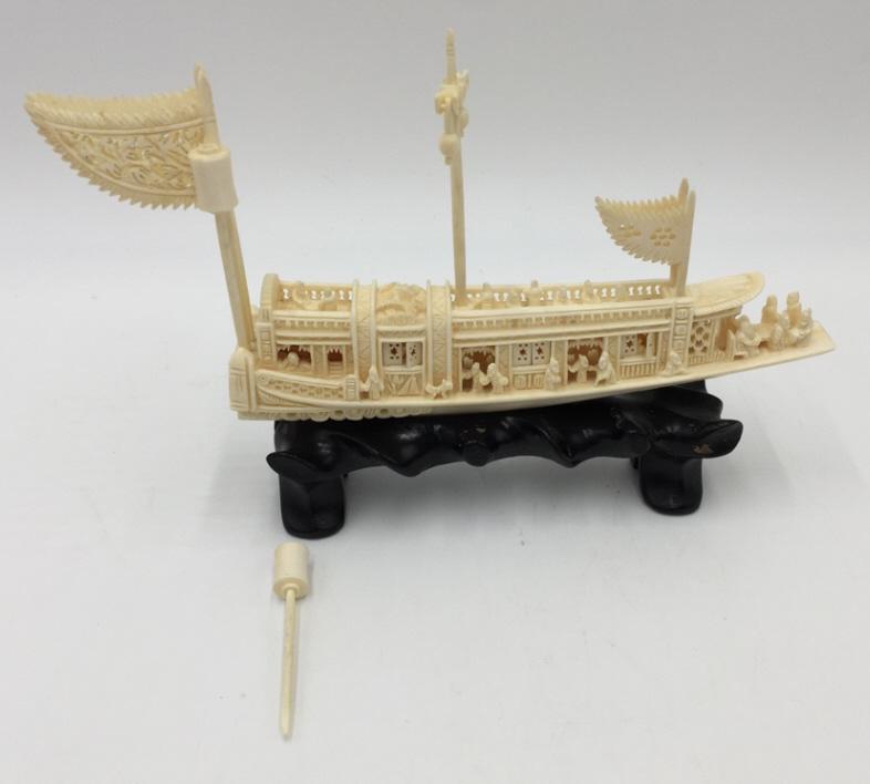 Ornate Bone Ship On Stand: 9 inches by 5.75 inches, as is, one mast broken, see photo
