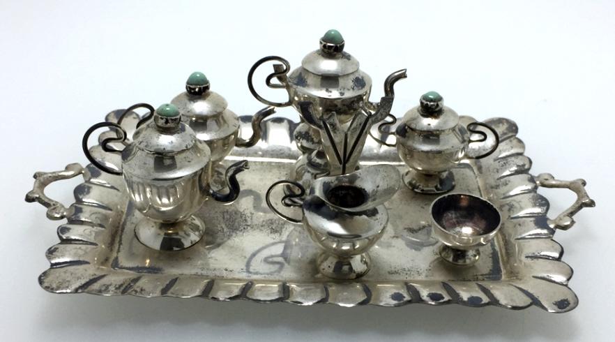 Set of Miniature Silver and Turquoise Tea Set: 7 pieces in total, unmarked, see photo