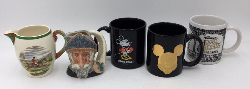 Lot of 5 Mugs: 3 Disney, 1 Toby mug, and 1 Spode Pitcher, See photo