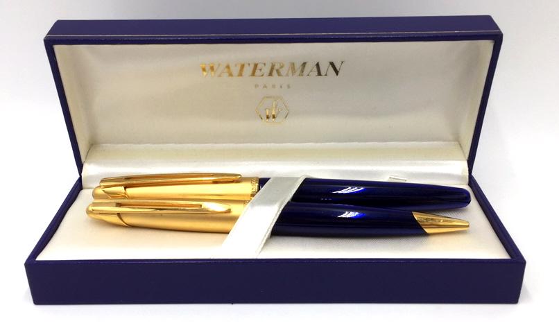 Waterman Edison Sapphire Blue Pen Set: 18k gold nib Fountain Pen 6 inches long, ballpoint Pen 5.75 inches long, with box, see photo