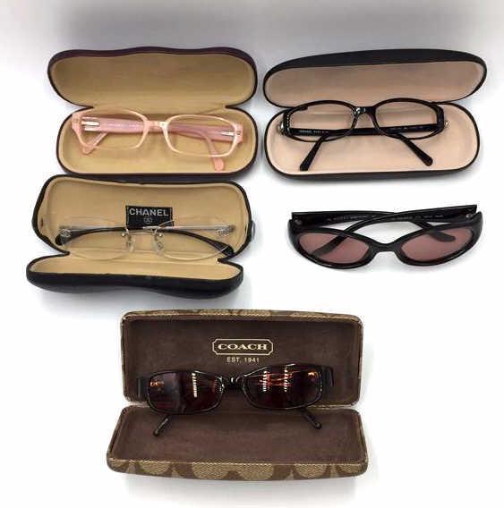 Designer Glasses Coach Channel Gucci Versace: 4 with cases, 1 Coach, 2 Channel, 1 Gucci, 1 Versace, See photo