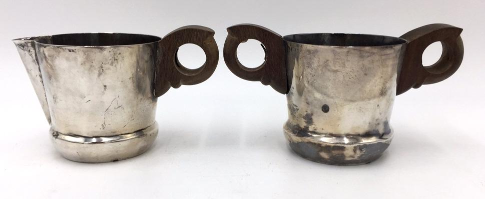 W. Spratling Silver and Wood Sugar and Creamer: Marked William Spratling Mexico, 2.5 inches tall, 227 grams total weight, see photo