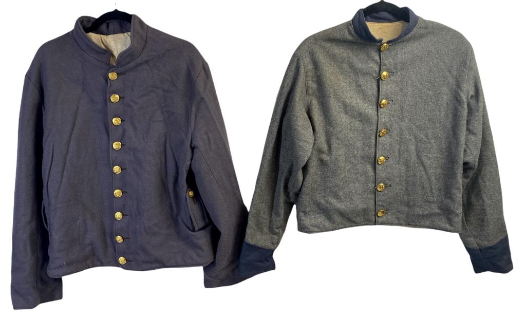 2 Replica Reenactment Civil Era Jackets: One CSA and one Georgia State Seal buttoned navy jacket, unknown sizes, replicas, see photo