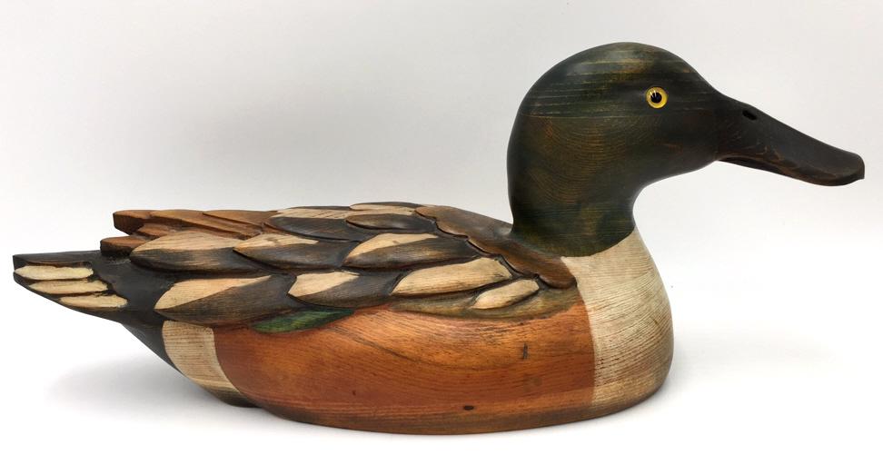 Handcrafted Tom Taber Wooden Duck Decoy: 1989-1990 season, glass eyes, stamped on bottom, 16 inches by 5.5 inches by 7 inches, see photo