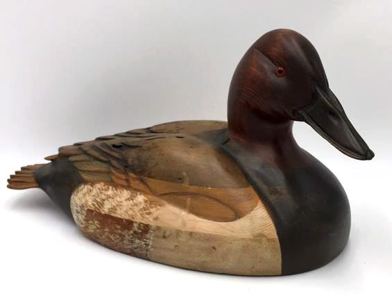 Large Handcrafted Tom Taber Wooden Duck Decoy: Signed on bottom, glass eyes, 17 inches by 8.5 inches by 9 inches, see photo