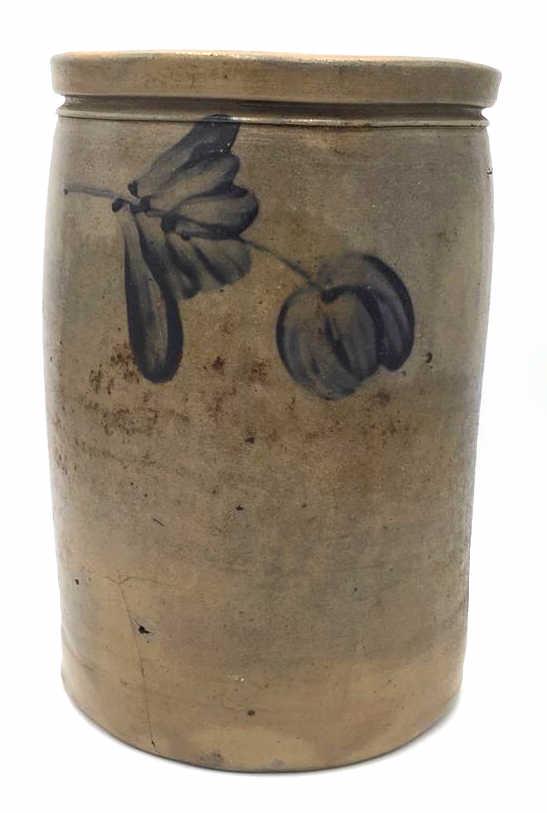 Antique Crock Jar with Blue Floral Design: Marked on side, maybe Dutch, from Pennsylvania, 12.25 inches by 8.5 inches, some chips on inside rim, see photo