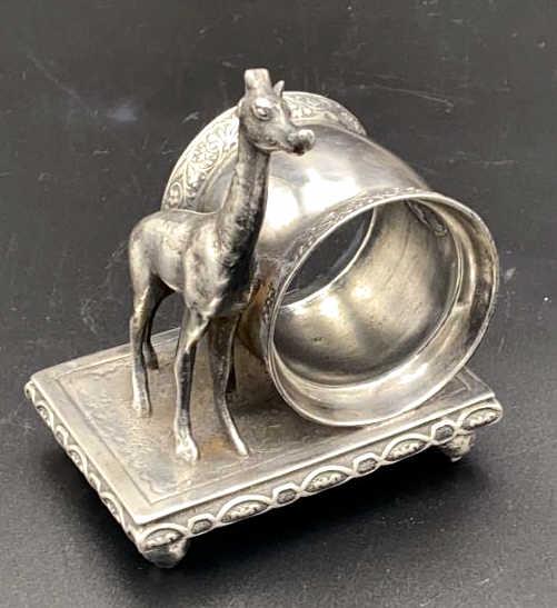 Silver Plated Giraffe Napkin Ring: Marked Racines Silver Co, quadruple plate 145 11015, 4 inches tall by 3.5 inches wide, possibly missing ear