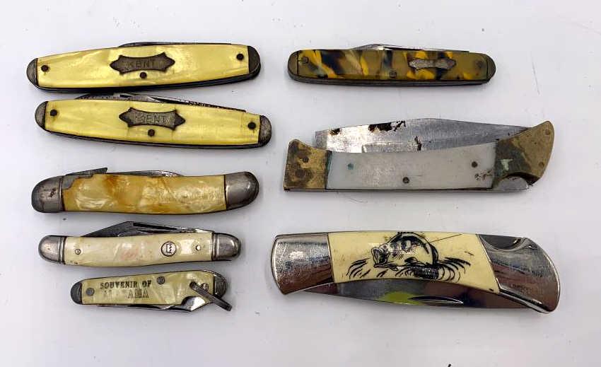 Lot of 8 Vintage Folding Pocket Knives: 5 mother of Pearl, 1 scrimshaw, and 2 Bakelite, various makers, see photo