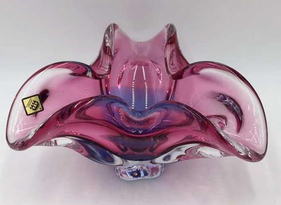Art Glass by Glassworks Chribska of Czech Republic: Blue base, pink upper, 8.25 inches by 4.25 inches, see photo