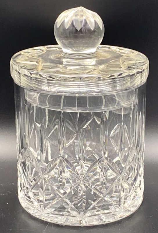 Block Crystal Glass Biscuit Jar: 7.75 inches by 5.5 inches, marked on bottom, see photo