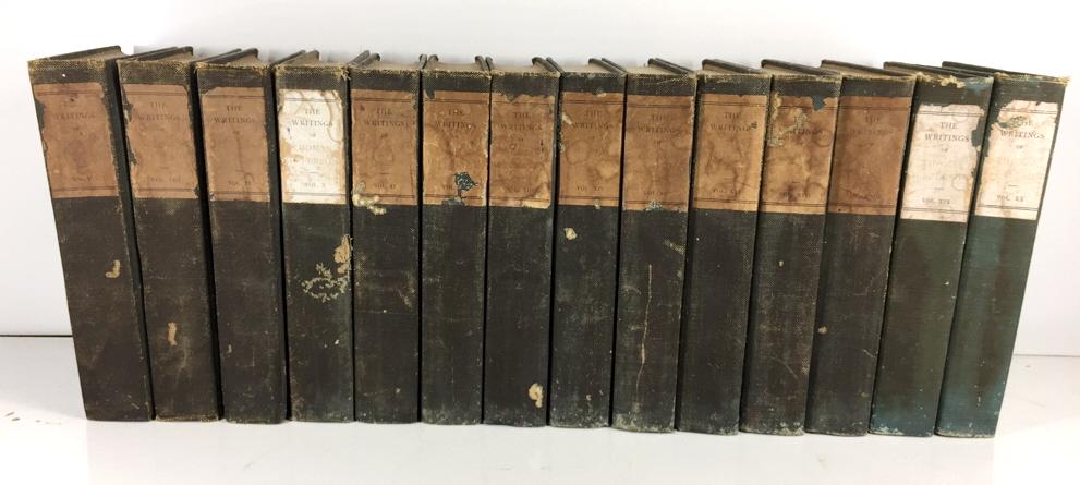 14 Book Set of The Writings of Thomas Jefferson: Vol. 7-20, The Thomas Jefferson Memorial Association, Memorial Edition No. 744 of 1000, 1903 and 1904, hard cover, books are in fair to poor condition, see photo