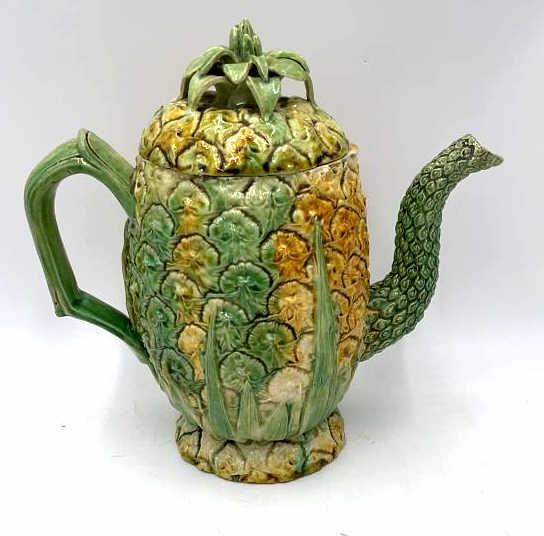Portuguese Majolica Pineapple Teapot: Circa 1880, with makers mark on bottom, 9 inches by 10.5 inches, has some minor chips on base, overall excellent condition