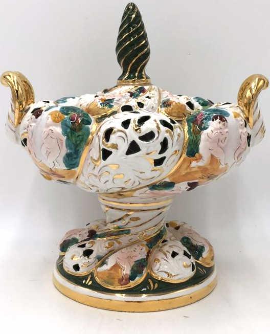 Antique Italian Capodimonte Majolica Centerpiece: With putti motif, double handled, pierced, Handpainted Scenes, 9.5 inches by 10 inches, Signed and numbered on bottom "20/20 Capodimonte Italy", one handle has been repaired, see photo