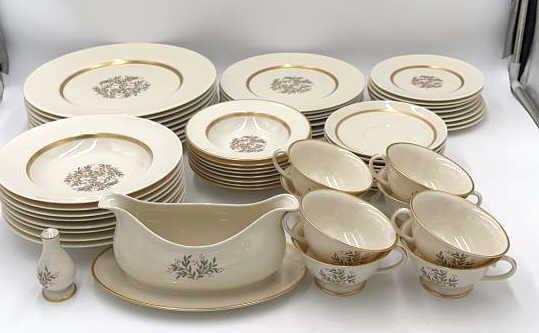 Franciscan China Fremont Dish Set: Approximately 58 pieces, 8 dinner plates, 8 salad plates, 8 bread and butter plates, 8 footed cups and saucer sets, 8 Rim Fruit/Dessert (Sauce) Bowl, 8 Soup bowls, salt shaker, and Gravy boat with att