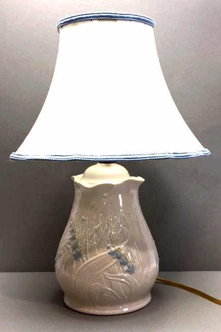 Belleek in Retrospect 2001 Porcelain Table Lamp: Lily of the Valley Bluebell Pattern, with shade 18.5 inches, working at time of inspection, see photo