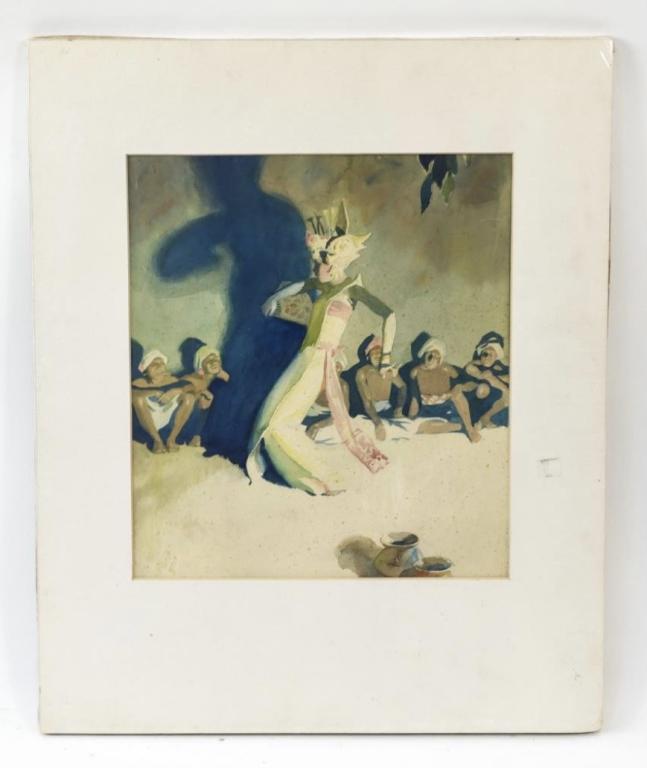 DAN SWEENEY ( AMERICAN 1880-1958) Watercolor: Watercolor illustration, unsigned. Label on verso from Diana T. North literary agents with artist's name and "For the Grace Line." Matted and wrapped in plastic, appears to be on artist board. Dimensi