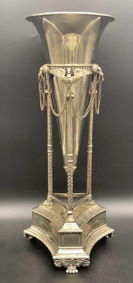 20th Century Empire Style Centerpiece: after J.B. Claude Odiot, Bronze, engraved and silvered. Three columns shafts with full-plastic, finely engraved swans. Funnel-shaped insert. 17 inches by 7 inches, with swans around top, see photo