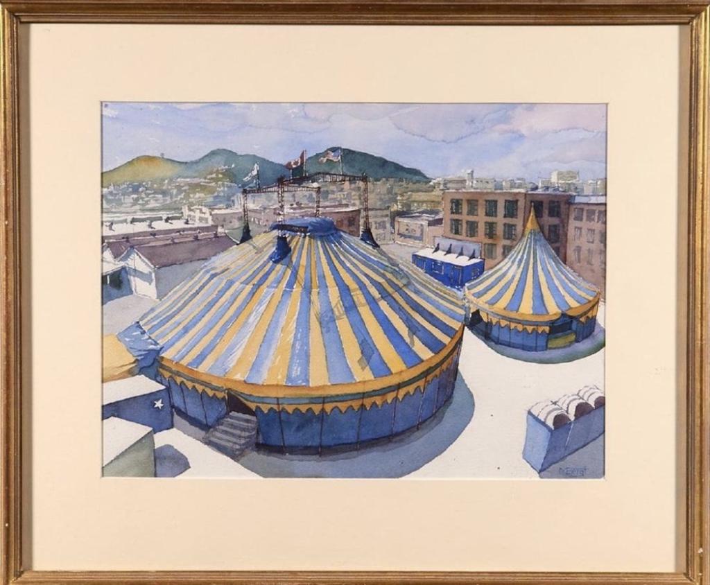 Michael Bergt(born 1956) Watercolor Circus in Town: Artist:Michael Bergt (born 1956). Title: Circus in Town. Signature: signed bottom right. Size: Artwork: 11 1/2 x 15 1/2 inches. Frame: 18 1/2 x 22 inches. Medium: Watercolor.