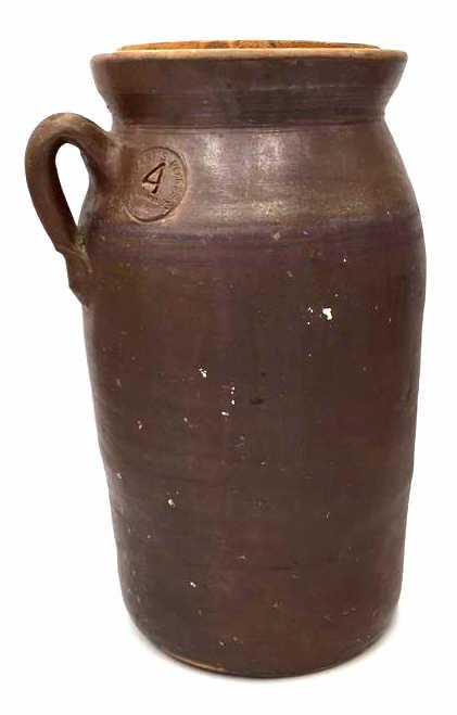 Antique Primitive Stewart’s Pottery Butter Churn: Numbered 4, made in Louisville, Miss., single handled, 16 inches by 10.5 inches, with wooden lid, See photo