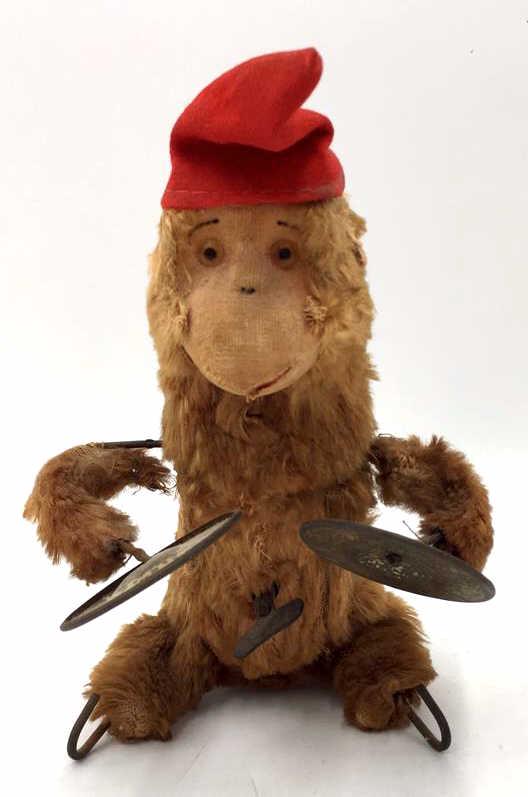 Antique Plush Monkey with Red Hat Wind-up Toy: 7 inches tall, unmarked, as is, see photo